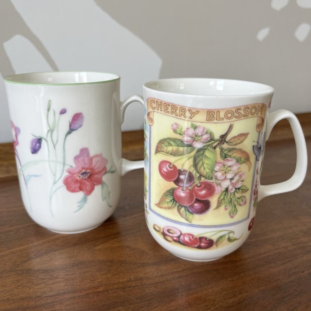 2 Rose of England Fine Bone China Mugs Cherry Blossom Pie & Poppies Vintage Cups